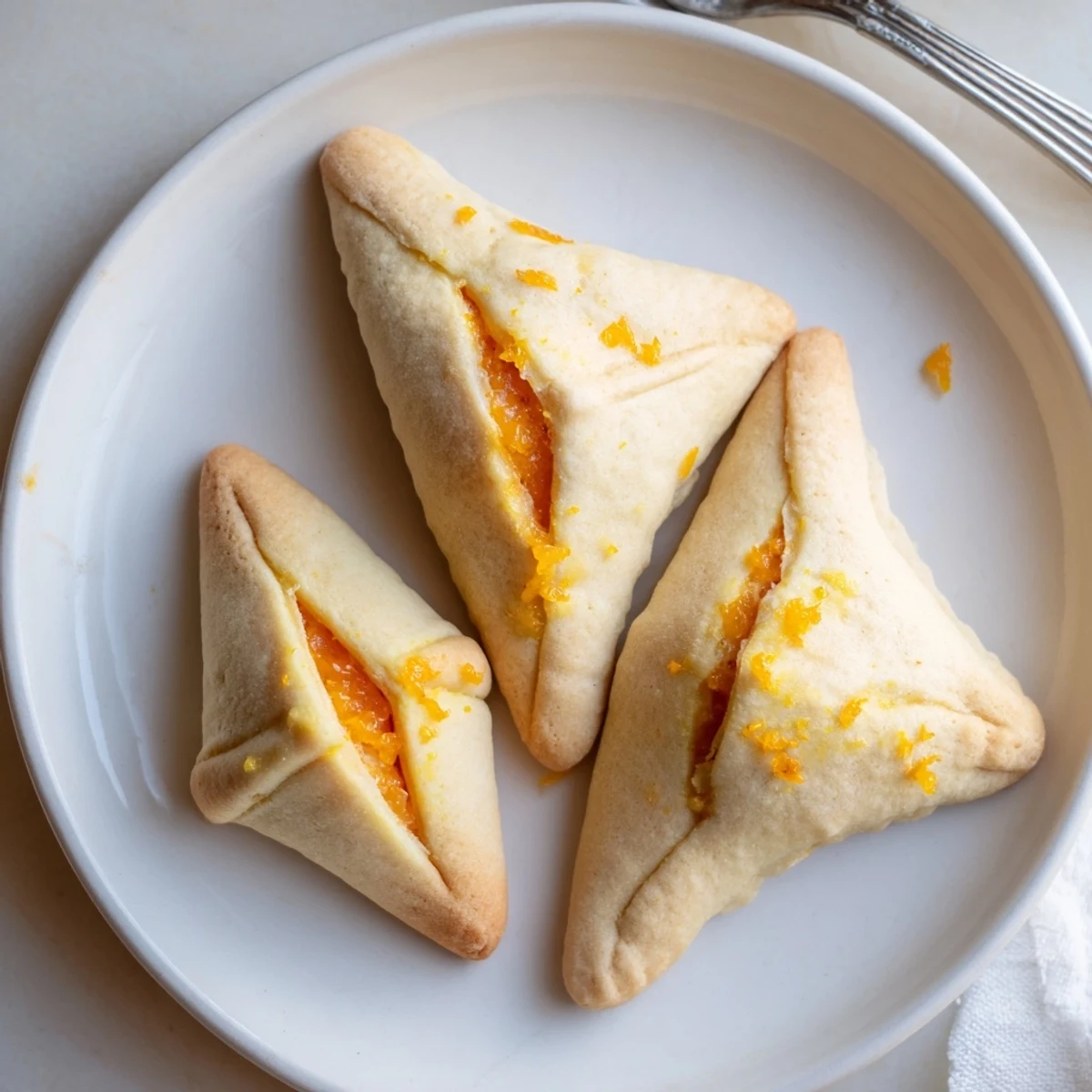Creamsicle hamentaschen triangles dusted with sugar on a rustic baking sheet
