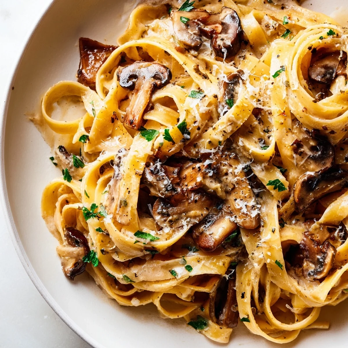 Creamy Brown Butter Mushroom Pasta topped with golden caramelized mushrooms and fresh parsley