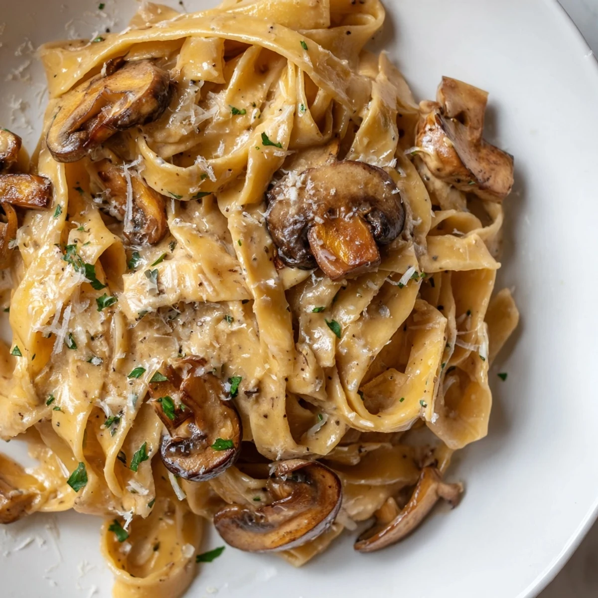 Steaming bowl of Creamy Brown Butter Mushroom Pasta coated in rich velvety sauce