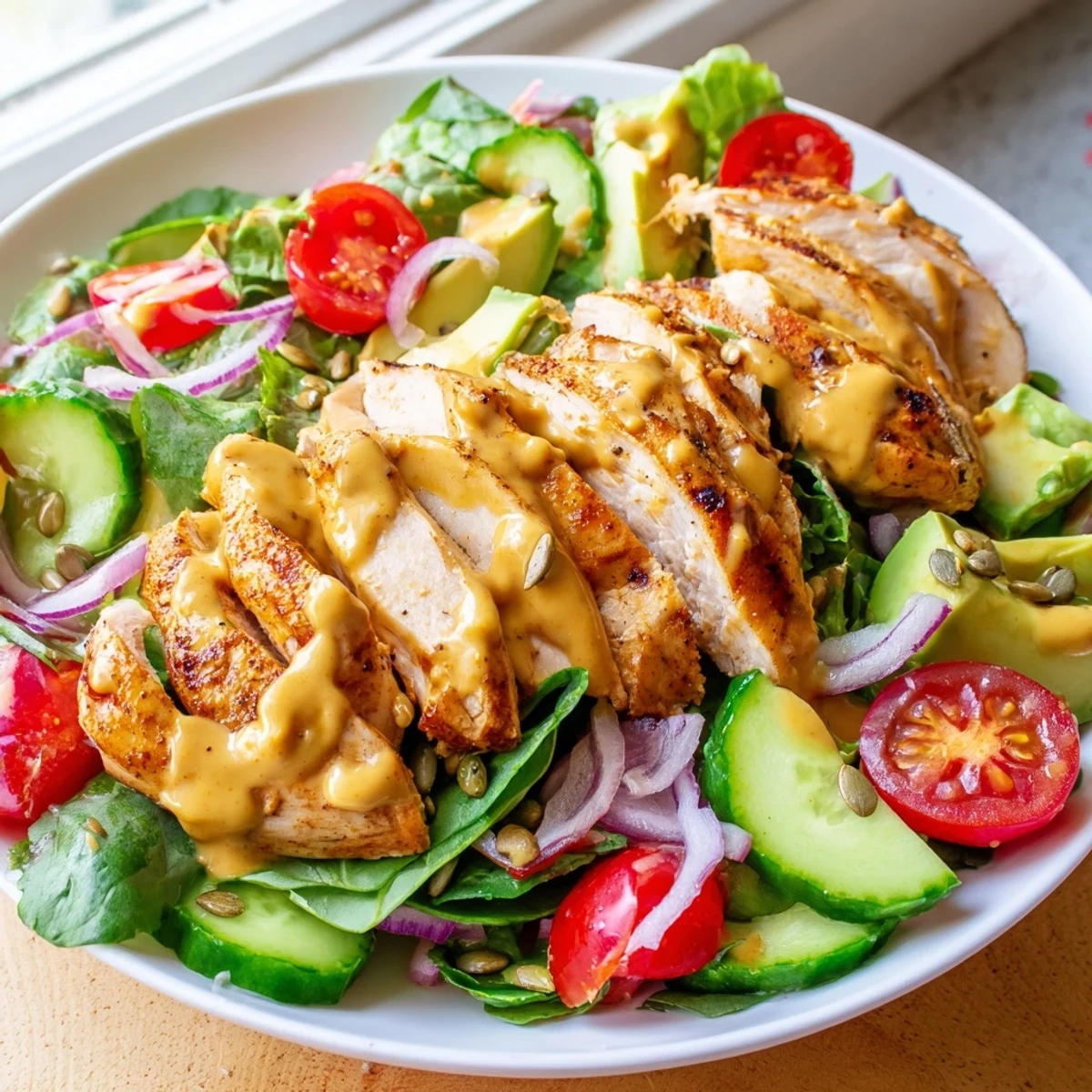 Creamy honey mustard chicken salad drizzled with golden dressing over crisp mixed greens