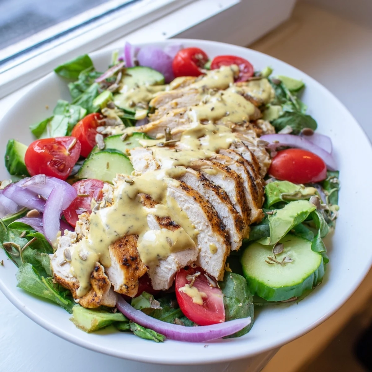 Vibrant creamy honey mustard chicken salad topped with avocado and cherry tomatoes on a rustic plate