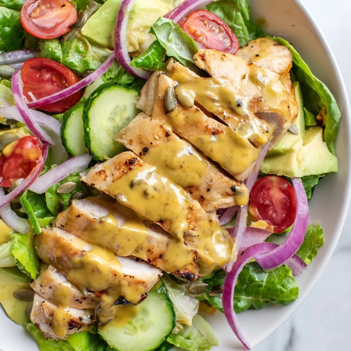 Sliced chicken breast nestled on fresh vegetables with creamy honey mustard dressing cascading over every bite