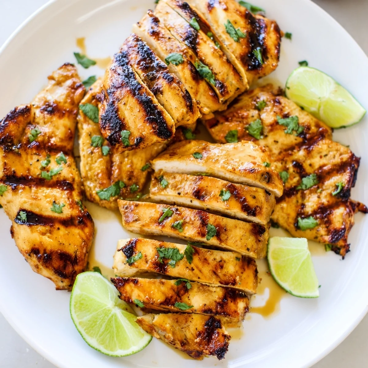 Golden grilled honey lime chicken with char marks topped with fresh cilantro and lime wedges
