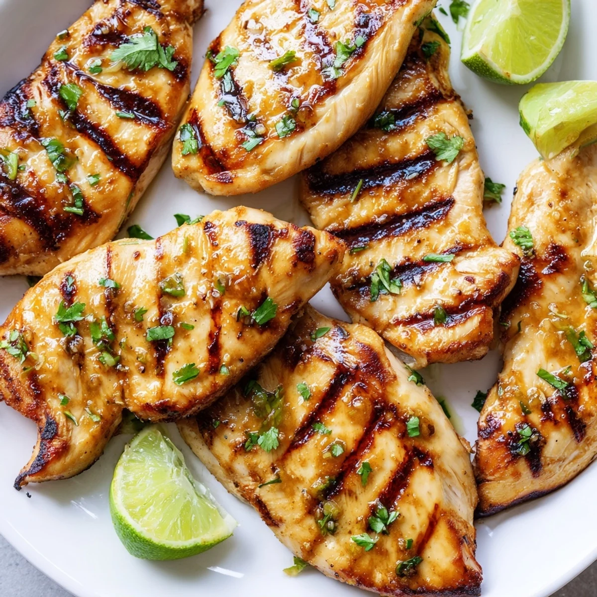 Juicy honey lime chicken breasts glazed to perfection resting on a white serving platter