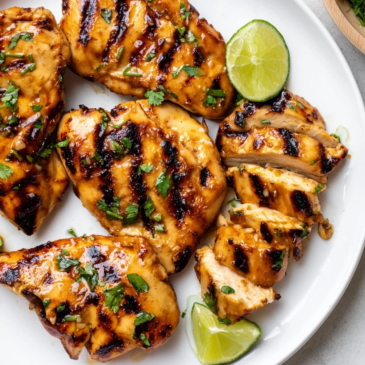 Honey lime chicken sliced open revealing tender meat drizzled with sweet citrus glaze