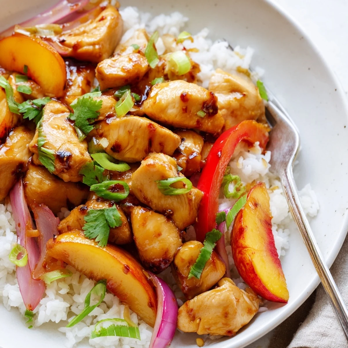 Golden Thai peach chicken with sliced peaches and bell pepper over steamed jasmine rice