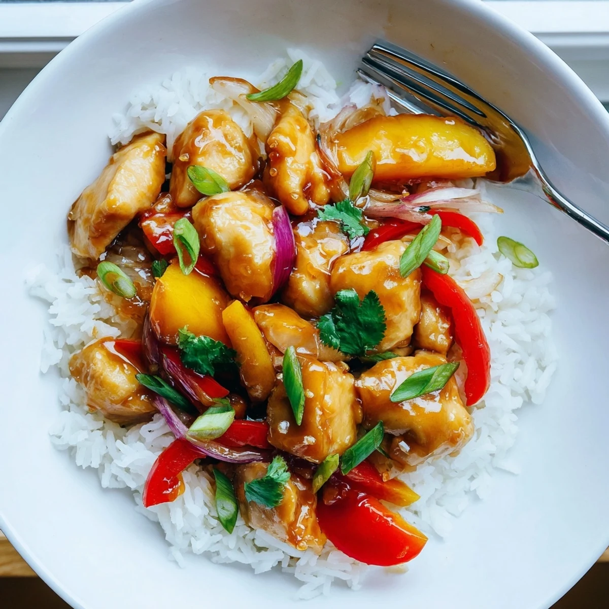 Caramelized peach chunks coat tender chicken in a glossy, sweet and spicy Thai sauce