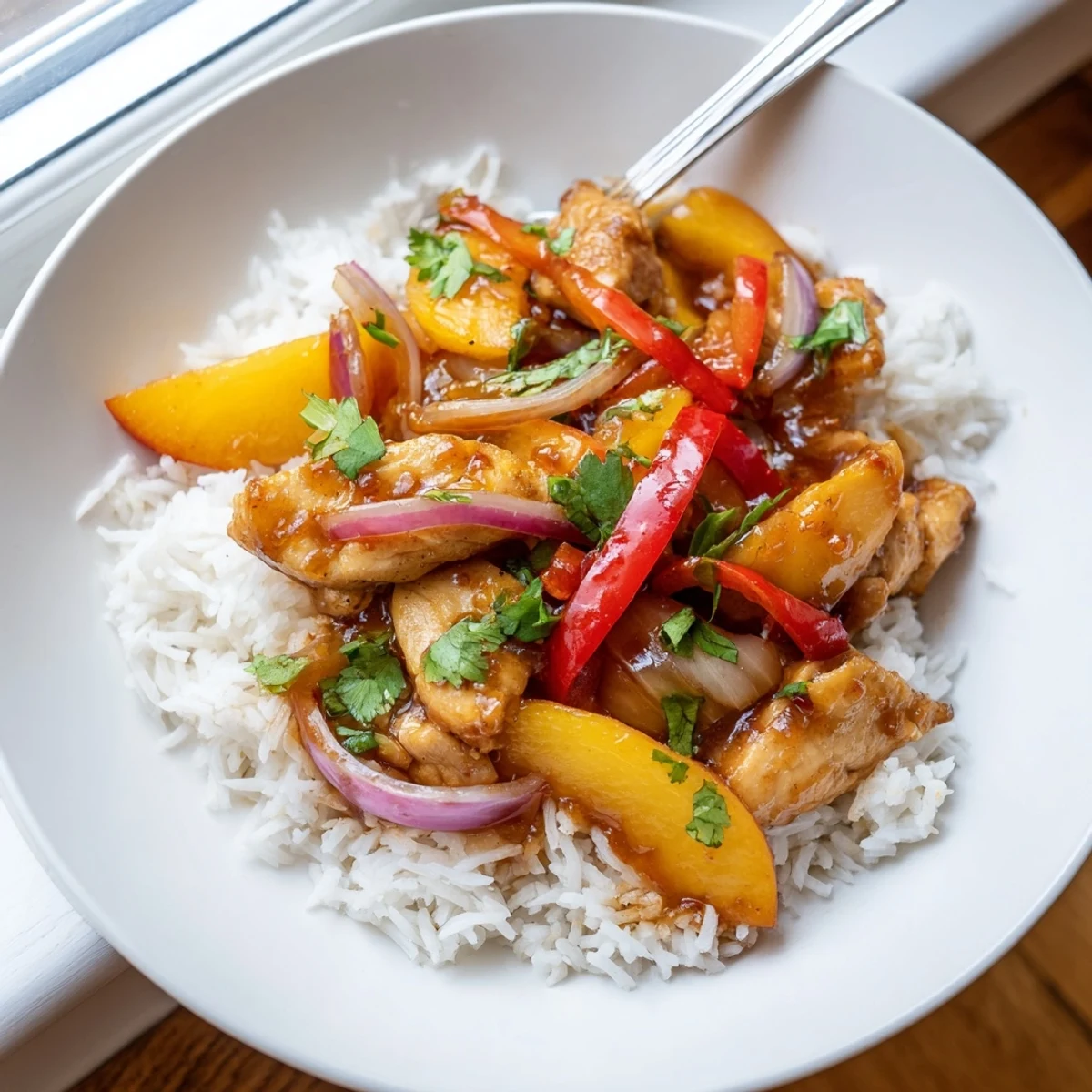 Thai peach chicken garnished with cilantro and spring onions in a sizzling skillet