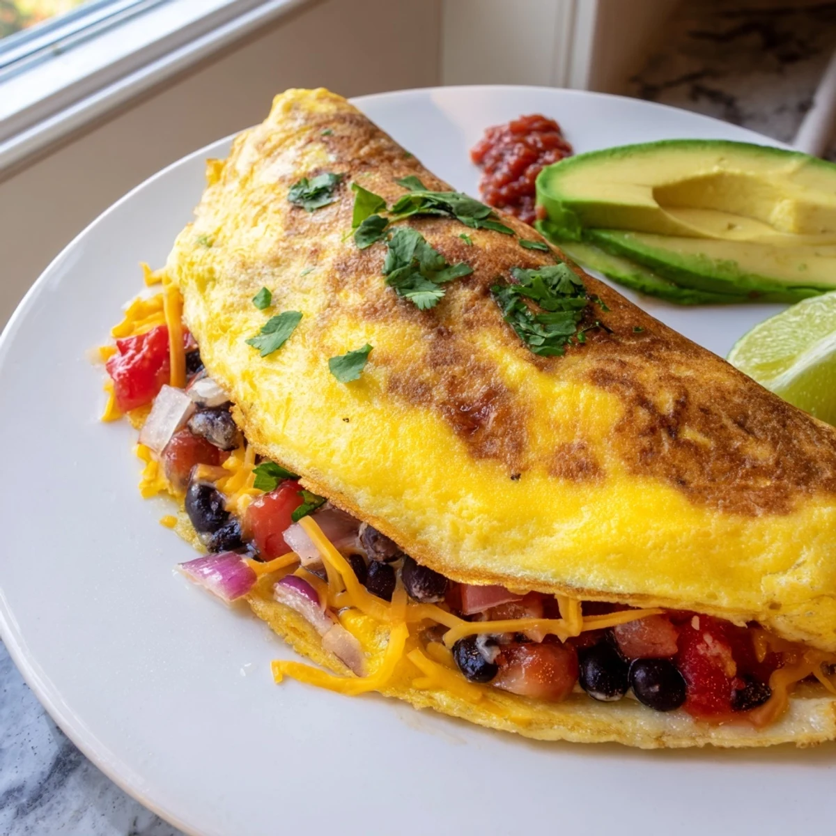 Golden Mexican omelette folded with melted cheese, black beans, and fresh cilantro