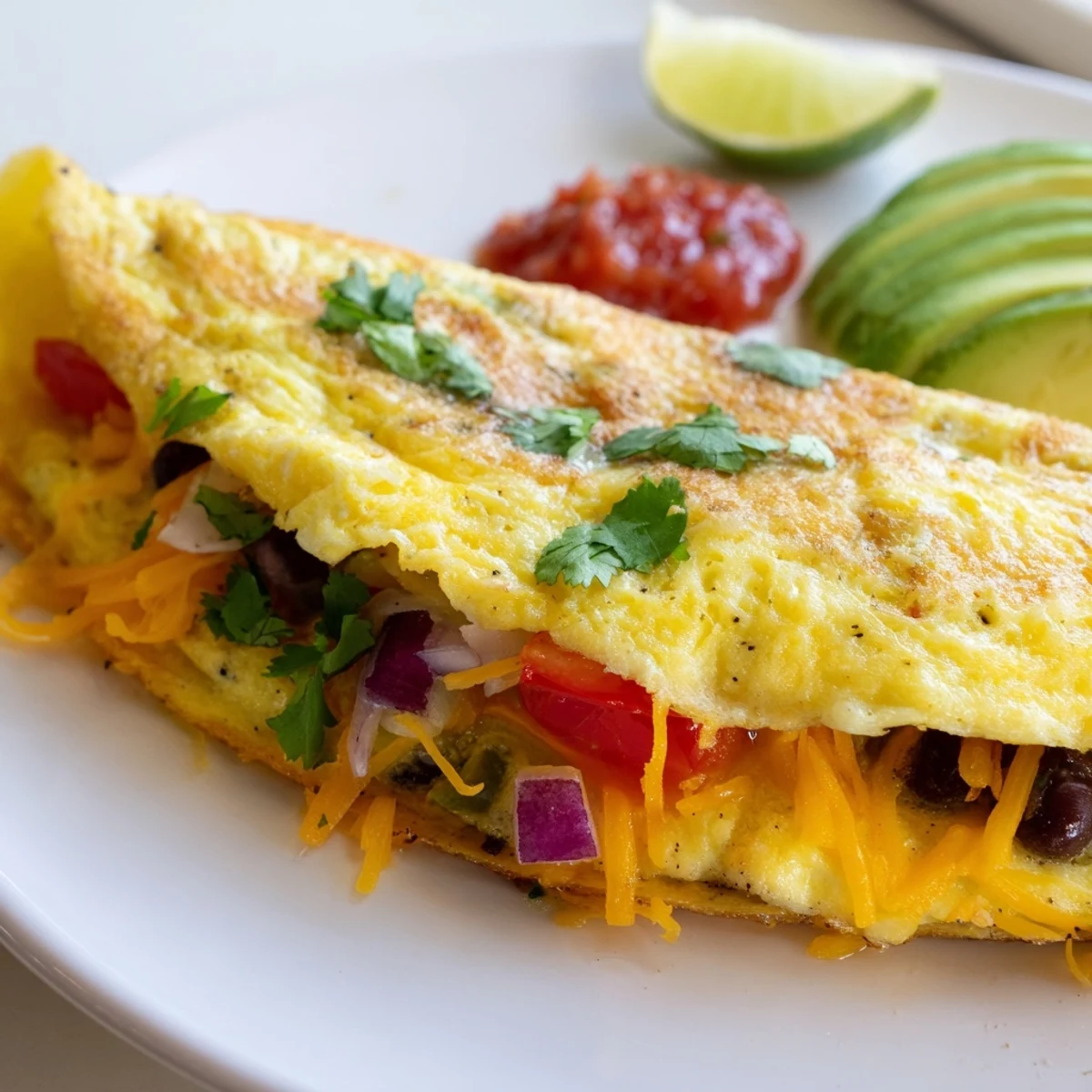Spicy Mexican omelette topped with sliced avocado, salsa, and a lime wedge