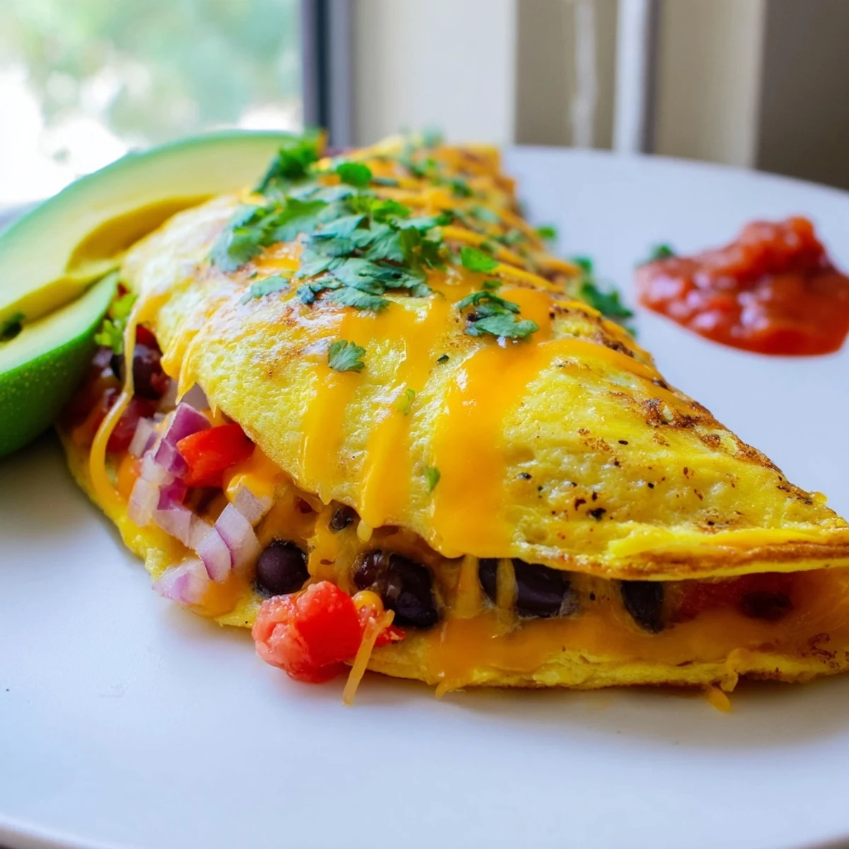 Cheesy Mexican omelette brimming with sautéed peppers, onions, and juicy diced tomatoes