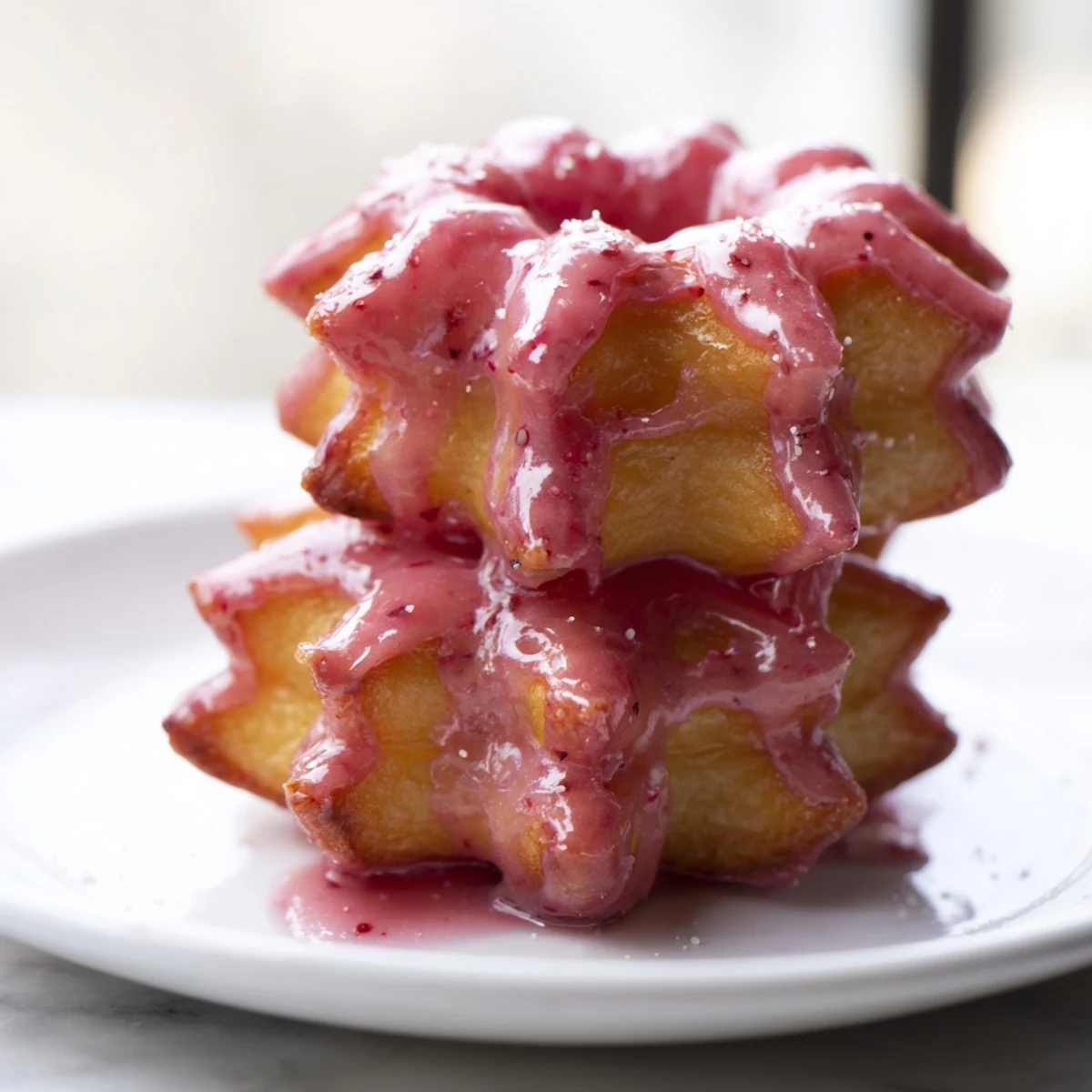 Golden Strawberry Glazed French Crullers with glossy pink icing on a cooling rack