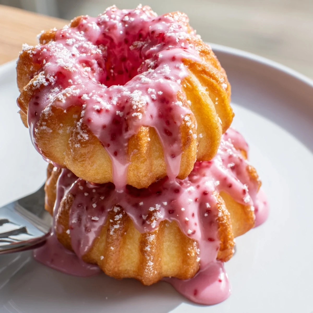 Crispy piped Strawberry Glazed French Crullers drizzled with bright tangy berry glaze