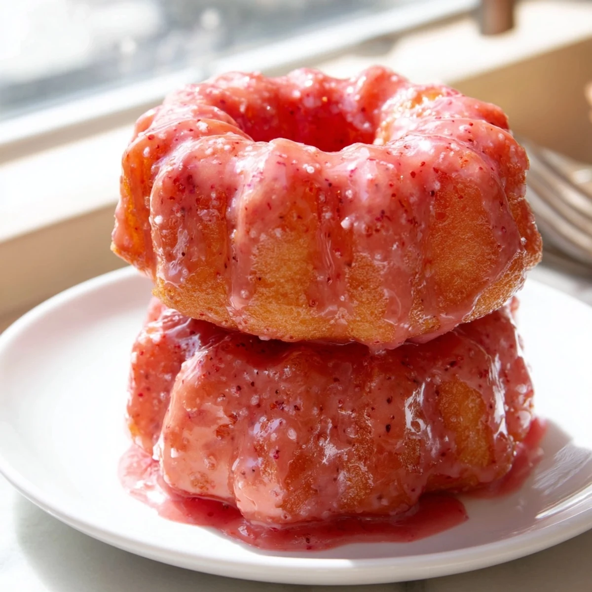 Fluffy Strawberry Glazed French Crullers topped with shimmering sweet strawberry icing showcased on parchment