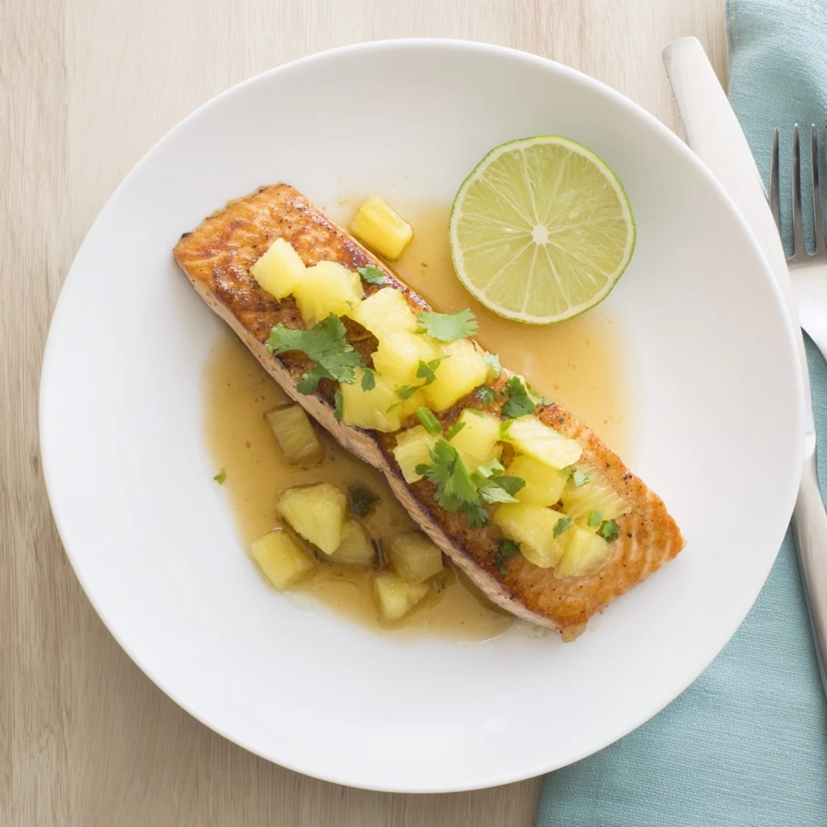 Glistening honey pineapple glazed salmon with caramelized edges on a white plate