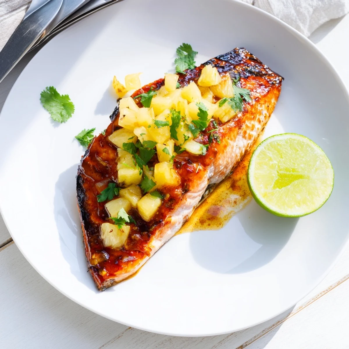 Golden honey pineapple glazed salmon topped with fresh diced pineapple and cilantro