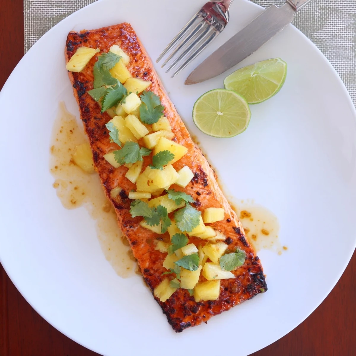Juicy honey pineapple glazed salmon fillet drizzled with sticky sweet tangy sauce