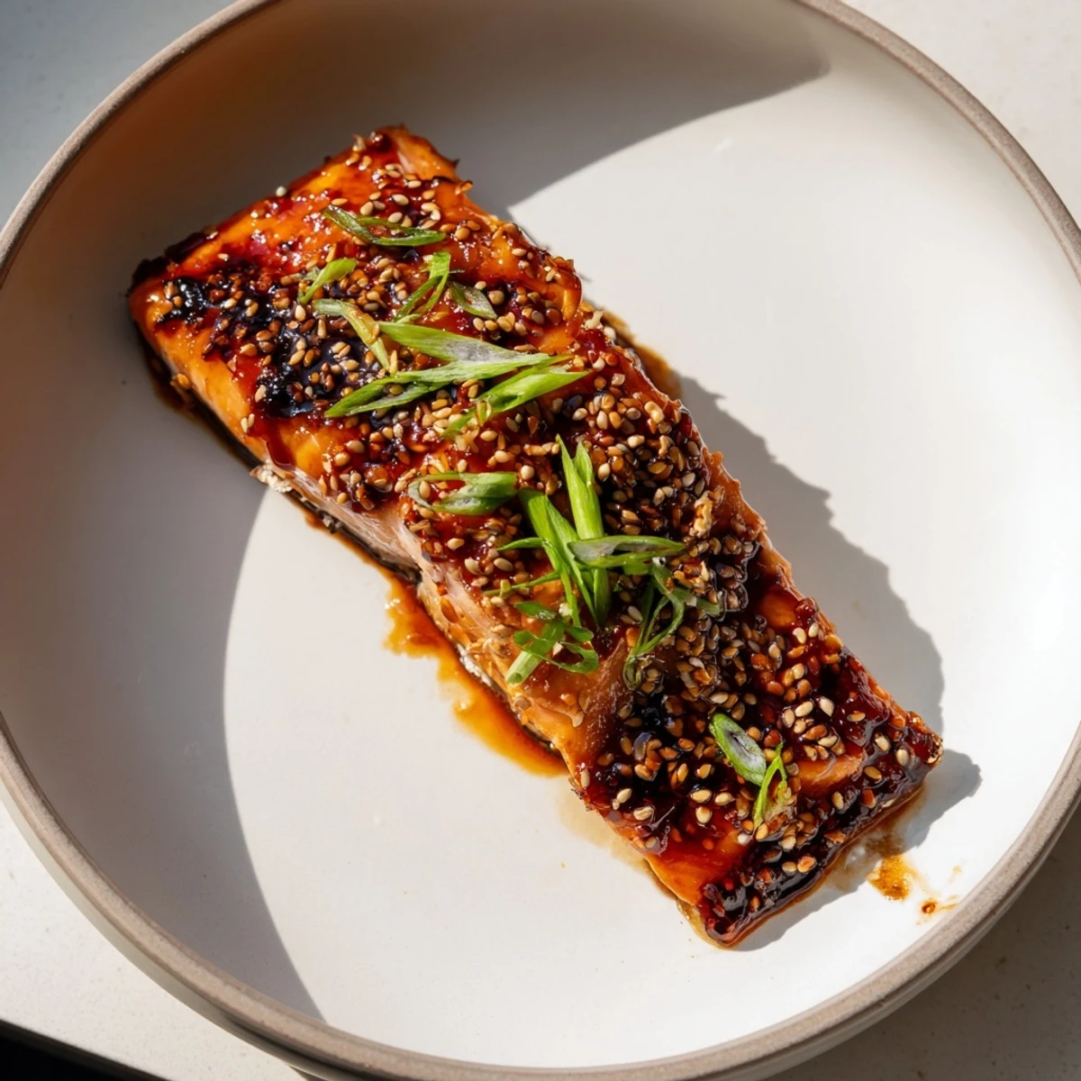 Tender baked Asian salmon topped with sliced green onions served over a bed of fluffy white jasmine rice