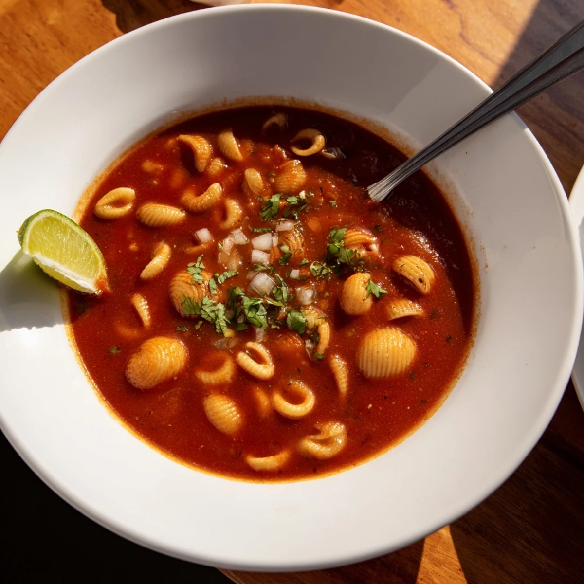 Steaming bowl of Sopa de Conchas with golden shell pasta in rich tomato broth