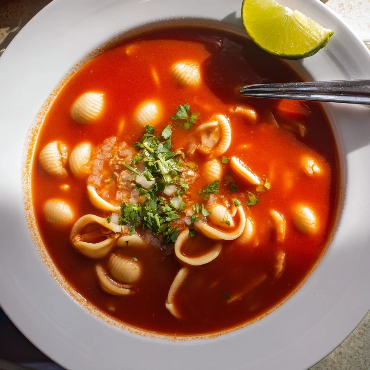 Toasted shell pasta swimming in vibrant red tomato broth in this comforting Sopa de Conchas