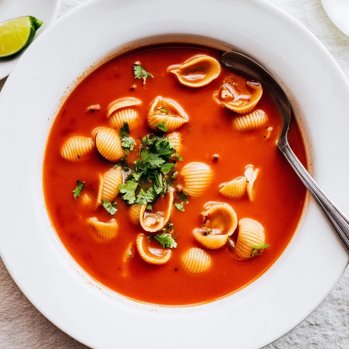 A rustic spoonful of Sopa de Conchas garnished with fresh cilantro and lime