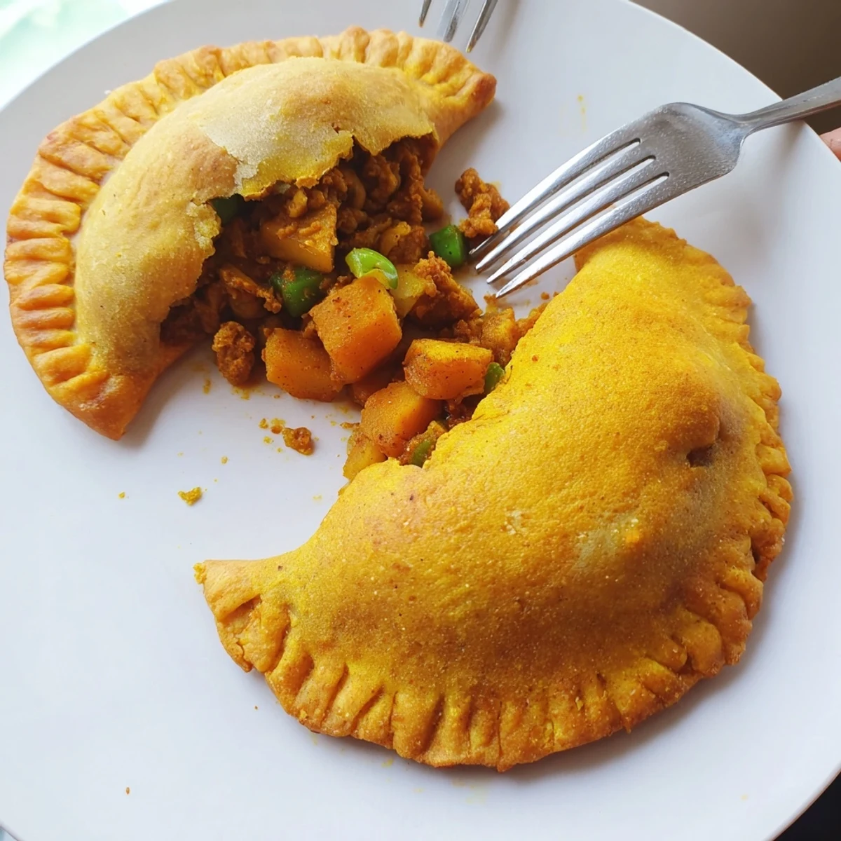 Golden Jamaican Curry Chicken Patties with flaky crust on a rustic baking sheet