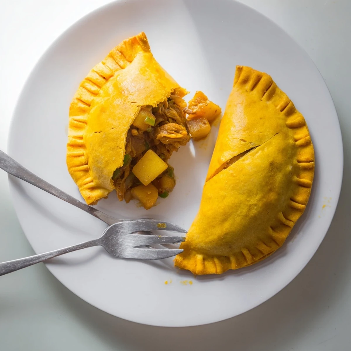Crispy Jamaican Curry Chicken Patties sliced open revealing aromatic spiced chicken filling