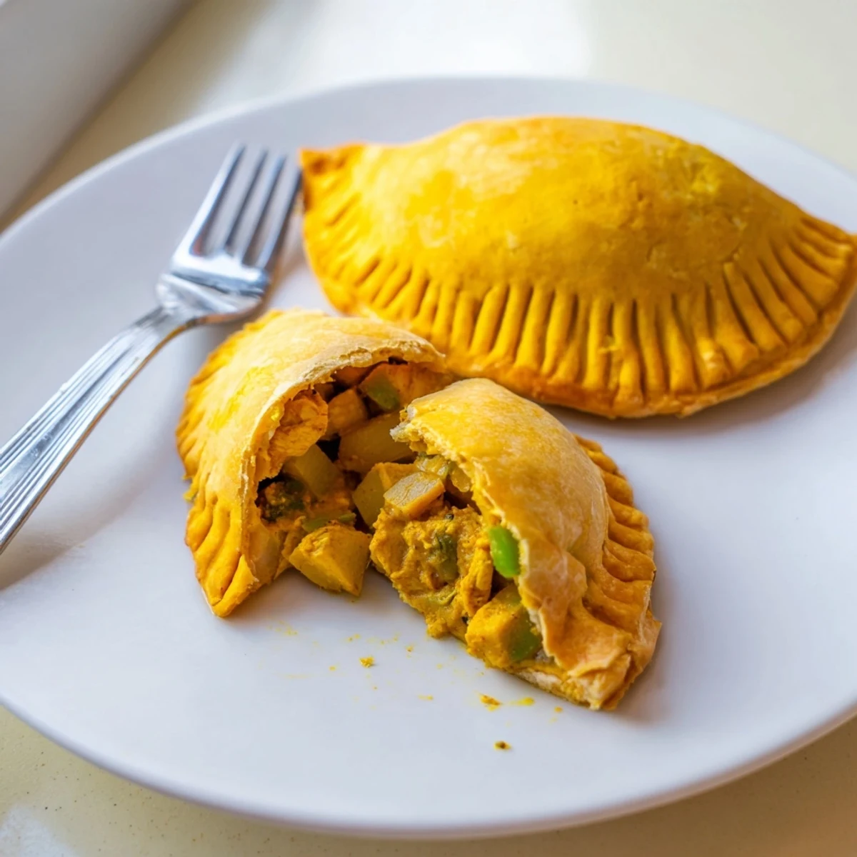 Warm Jamaican Curry Chicken Patties arranged on a platter with mango chutney dipping sauce