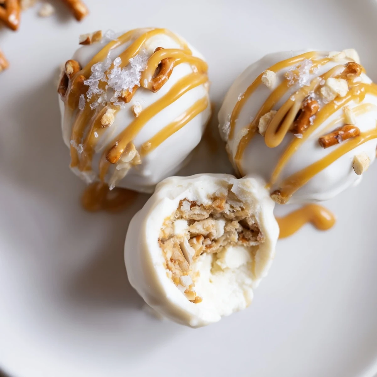 Creamy salted caramel pretzel cheesecake balls drizzled with golden caramel on a rustic tray