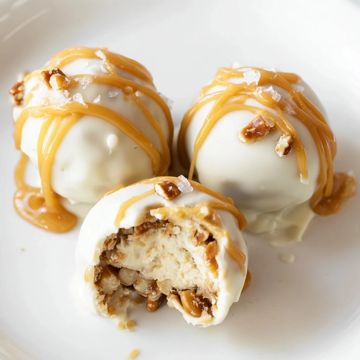 Golden-dipped salted caramel pretzel cheesecake balls sprinkled with crushed pretzels and flaky salt