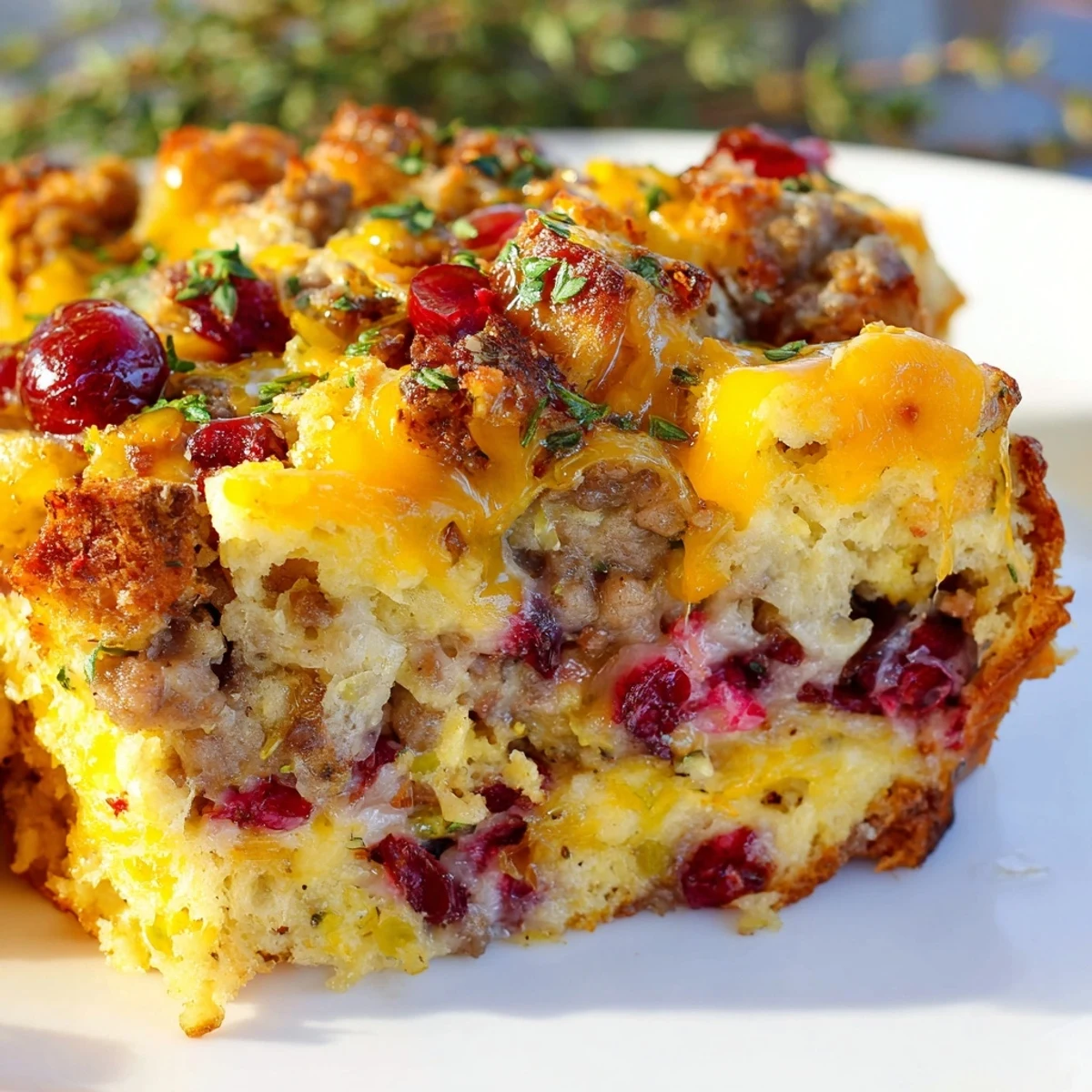 Golden baked Cranberry Sausage Stuffing Breakfast Casserole with melted cheddar and cranberries