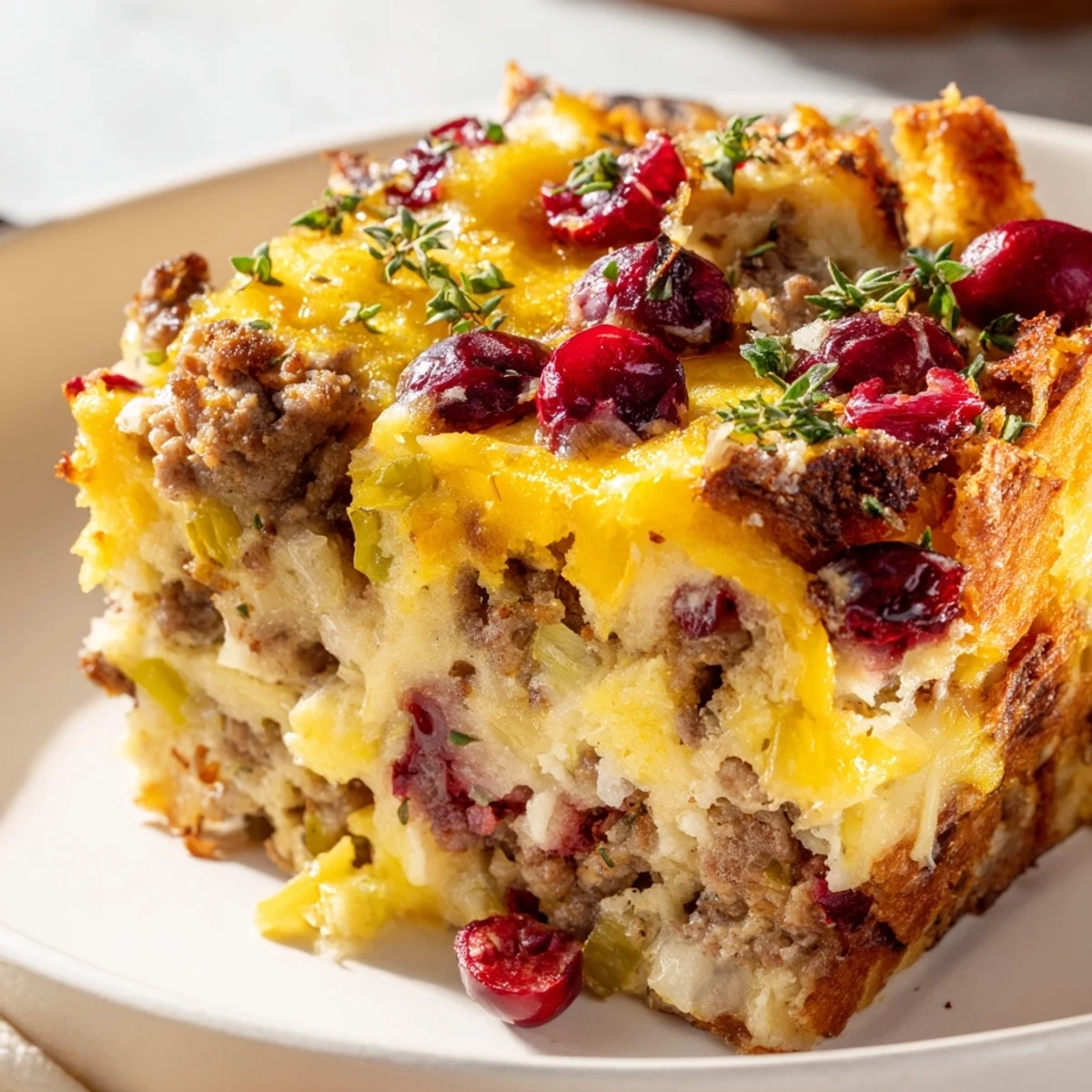 Cranberry Sausage Stuffing Breakfast Casserole scooped onto a plate with fresh parsley garnish