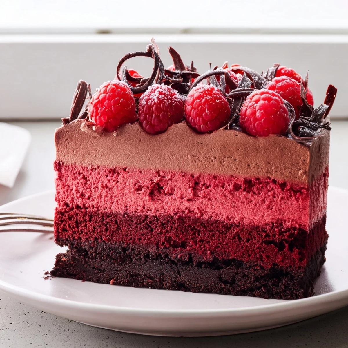 Tall raspberry chocolate mousse cake slice revealing rich layers and glossy berry topping