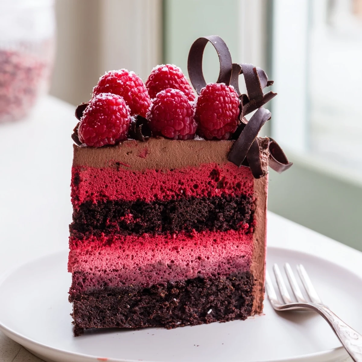 Silky chocolate mousse layered over vibrant raspberry filling in an elegant dessert cake