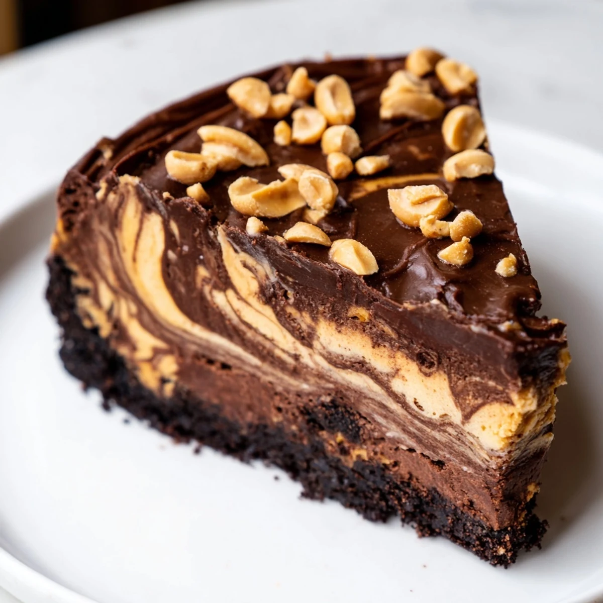 Rich chocolate peanut butter cheesecake swirled with velvety filling and sprinkled with roasted peanut pieces