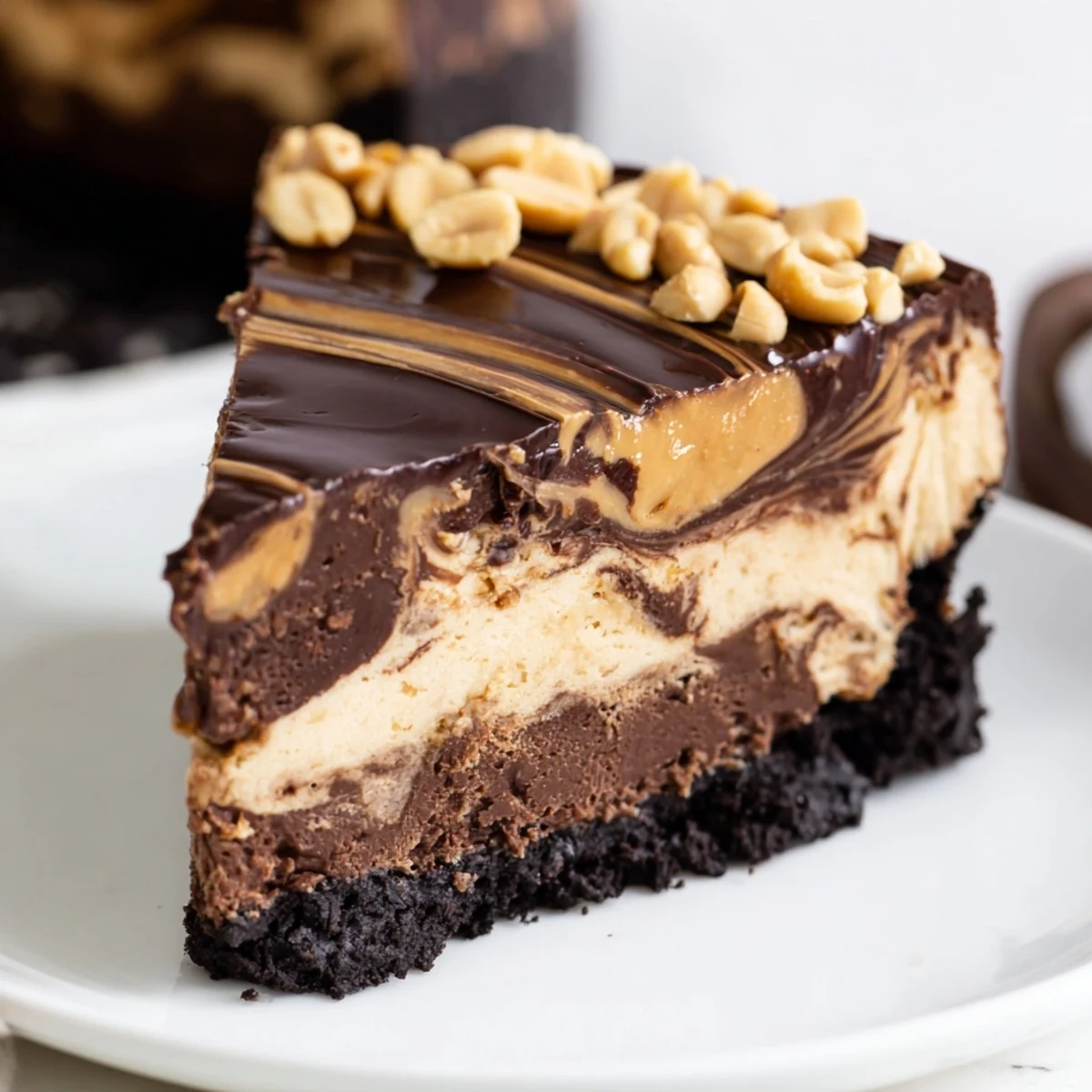 Creamy chocolate peanut butter cheesecake sliced with a glossy ganache topping on a cookie crust