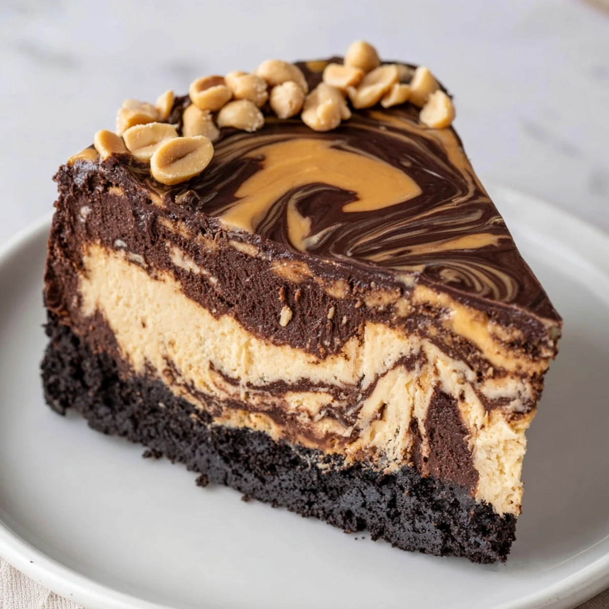 Decadent chocolate peanut butter cheesecake featuring marbled layers atop a crunchy chocolate cookie crumb base