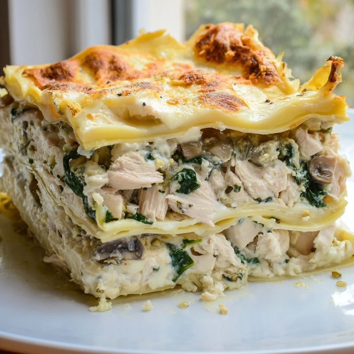 Golden bubbling white chicken lasagna with melted mozzarella and fresh herbs on top