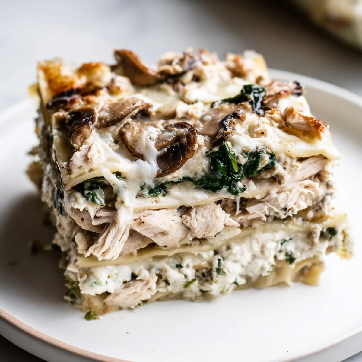 Steaming slice of white chicken lasagna served on a plate with golden parmesan crust