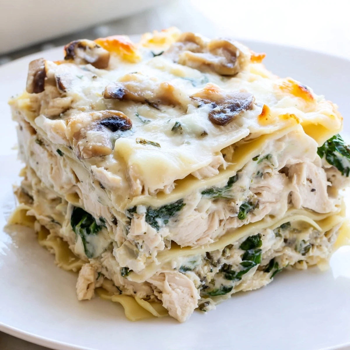 Creamy white chicken lasagna layered with spinach mushrooms and gooey ricotta cheese