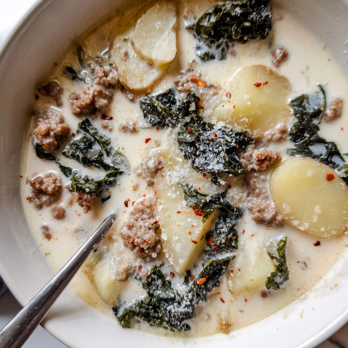 Steaming bowl of Zuppa Toscana soup topped with grated Parmesan and fresh kale
