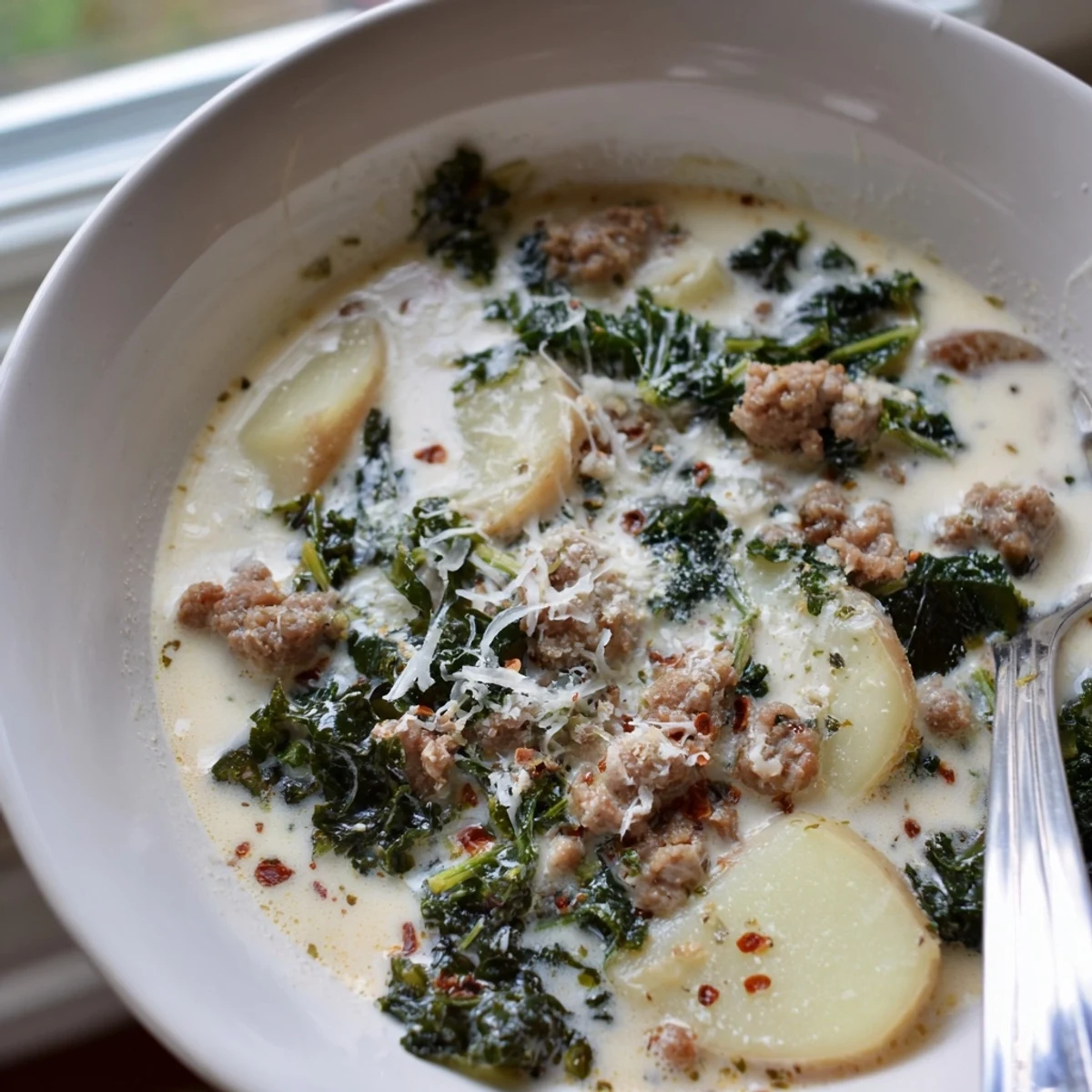 Creamy Zuppa Toscana soup with crumbled sausage, tender potatoes, and wilted kale