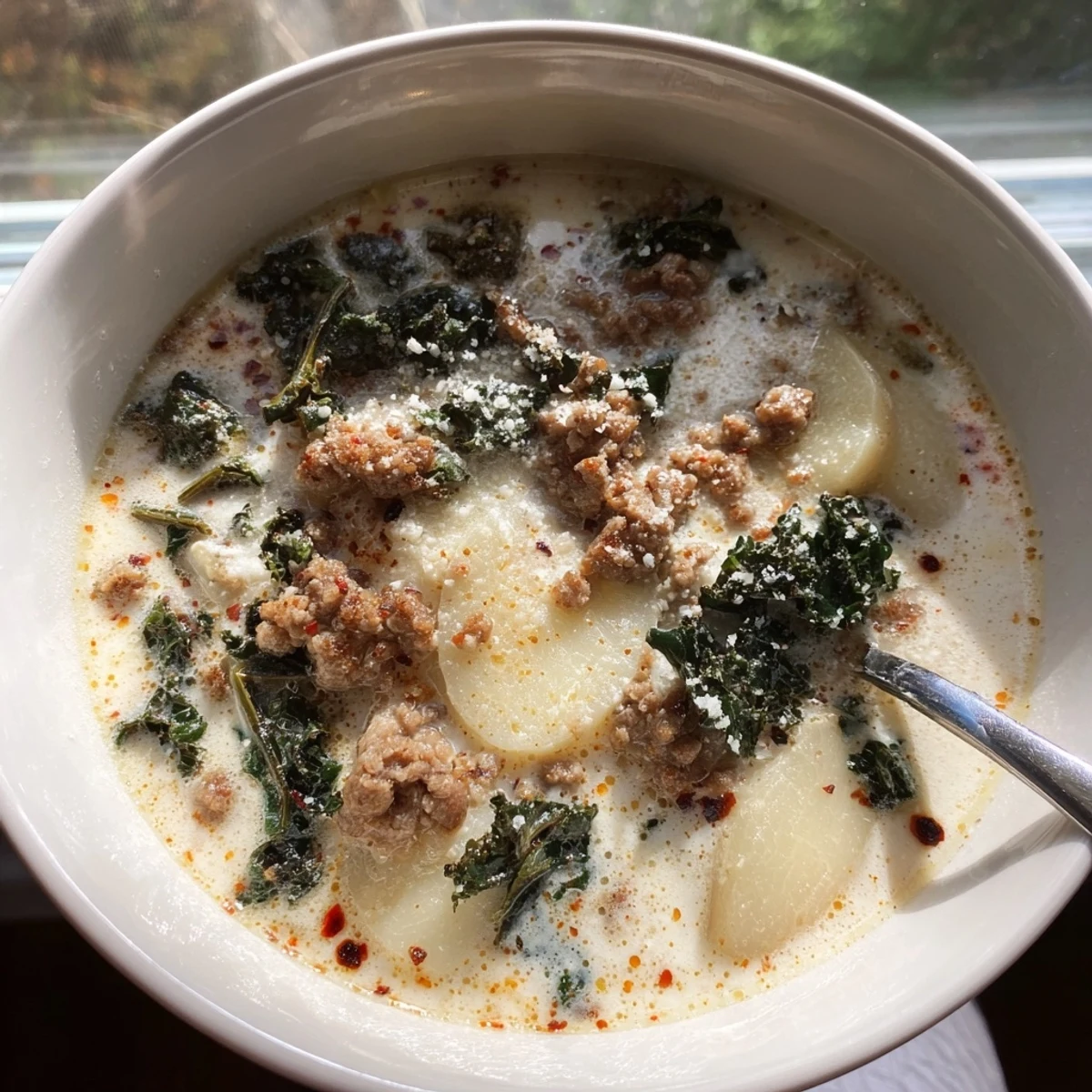Hearty Zuppa Toscana soup ladled into a rustic bowl beside crusty bread
