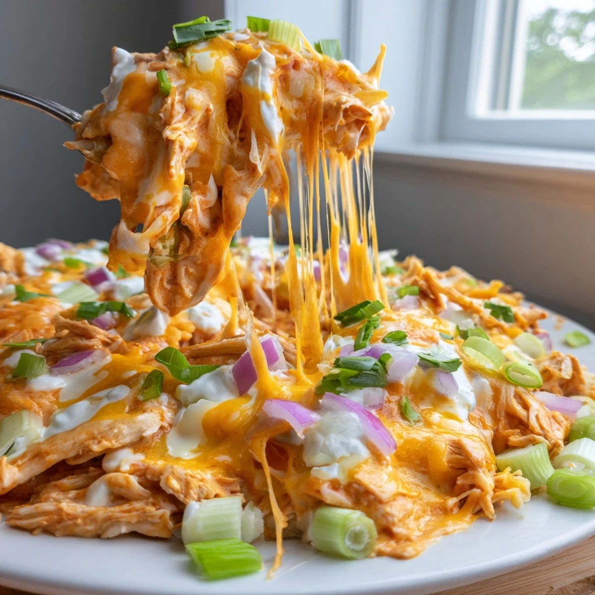 Creamy jalapeño buffalo chicken casserole topped with melted cheese and green onions