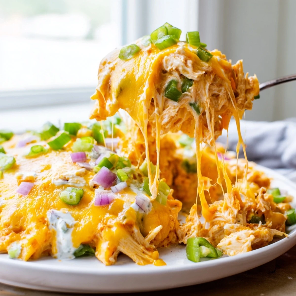 Spicy jalapeño buffalo chicken casserole scooped steaming from a bubbly cheesy baking dish