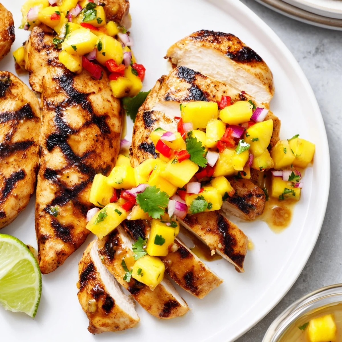 Grilled honey lime chicken topped with colorful mango salsa on a rustic plate
