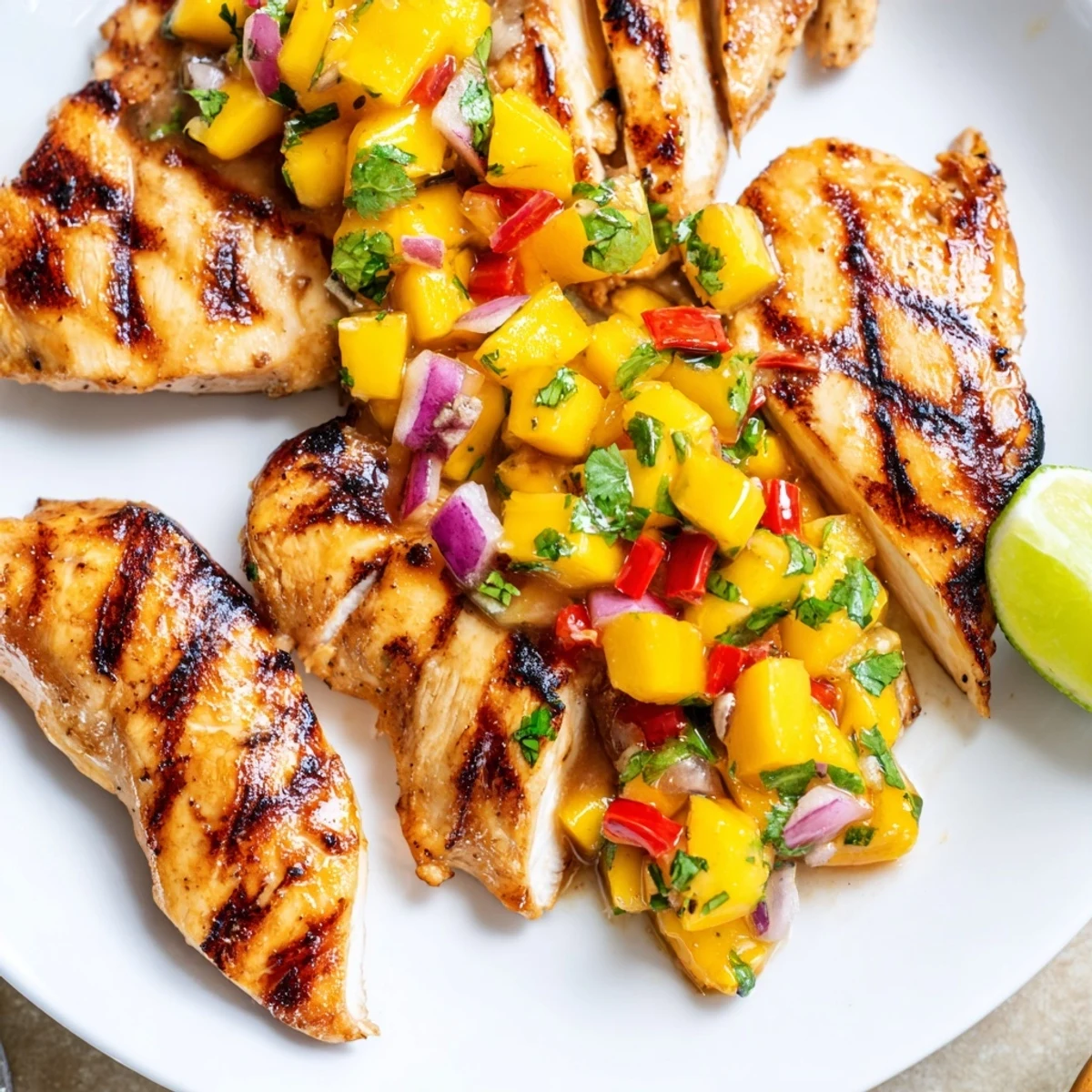 Honey lime chicken with mango salsa garnished with cilantro on a summer platter