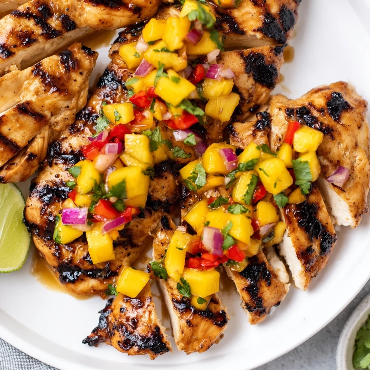 Juicy honey lime chicken with mango salsa served with fresh lime wedges