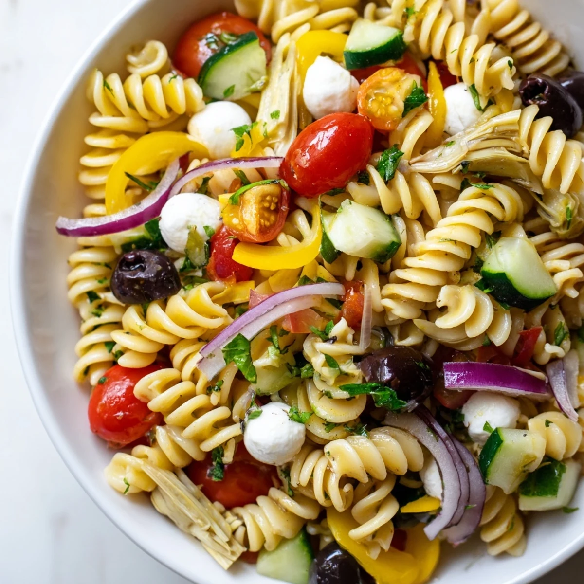 Colorful vegetarian Italian pasta salad in a large bowl with cherry tomatoes and fresh basil
