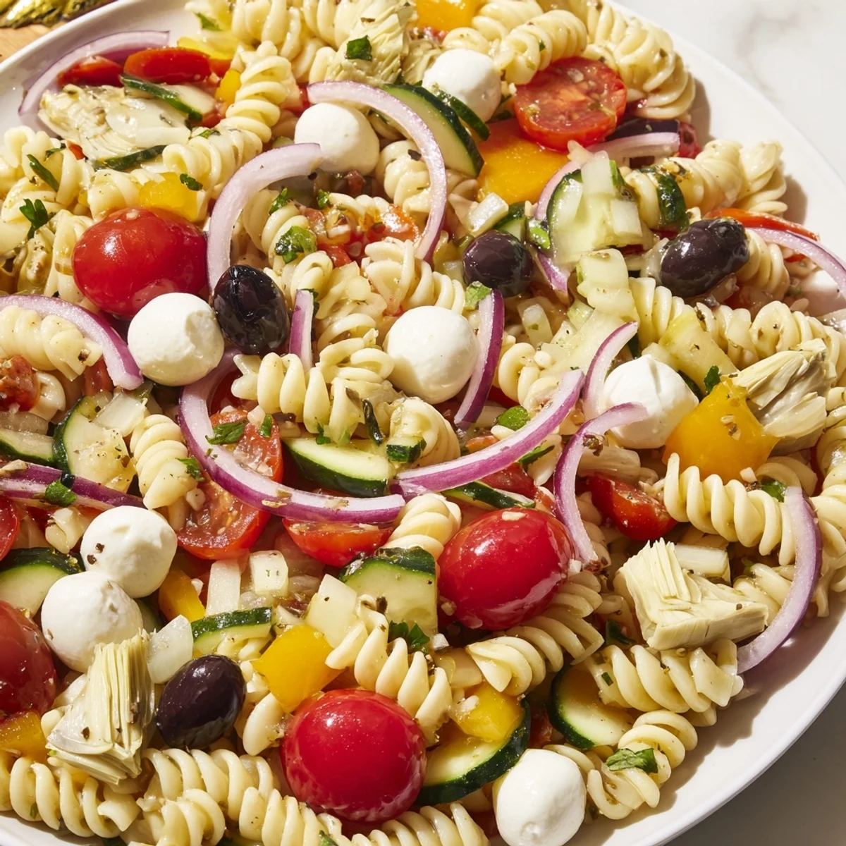 Vegetarian Italian pasta salad tossed with mozzarella, olives, and a bright vinaigrette dressing